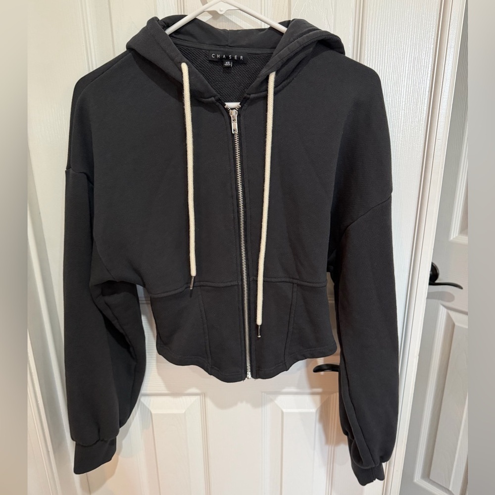 Chaser Cotton Black Zip-Up Corset Hoodie with Drawstring XS - Picture 4 of 6